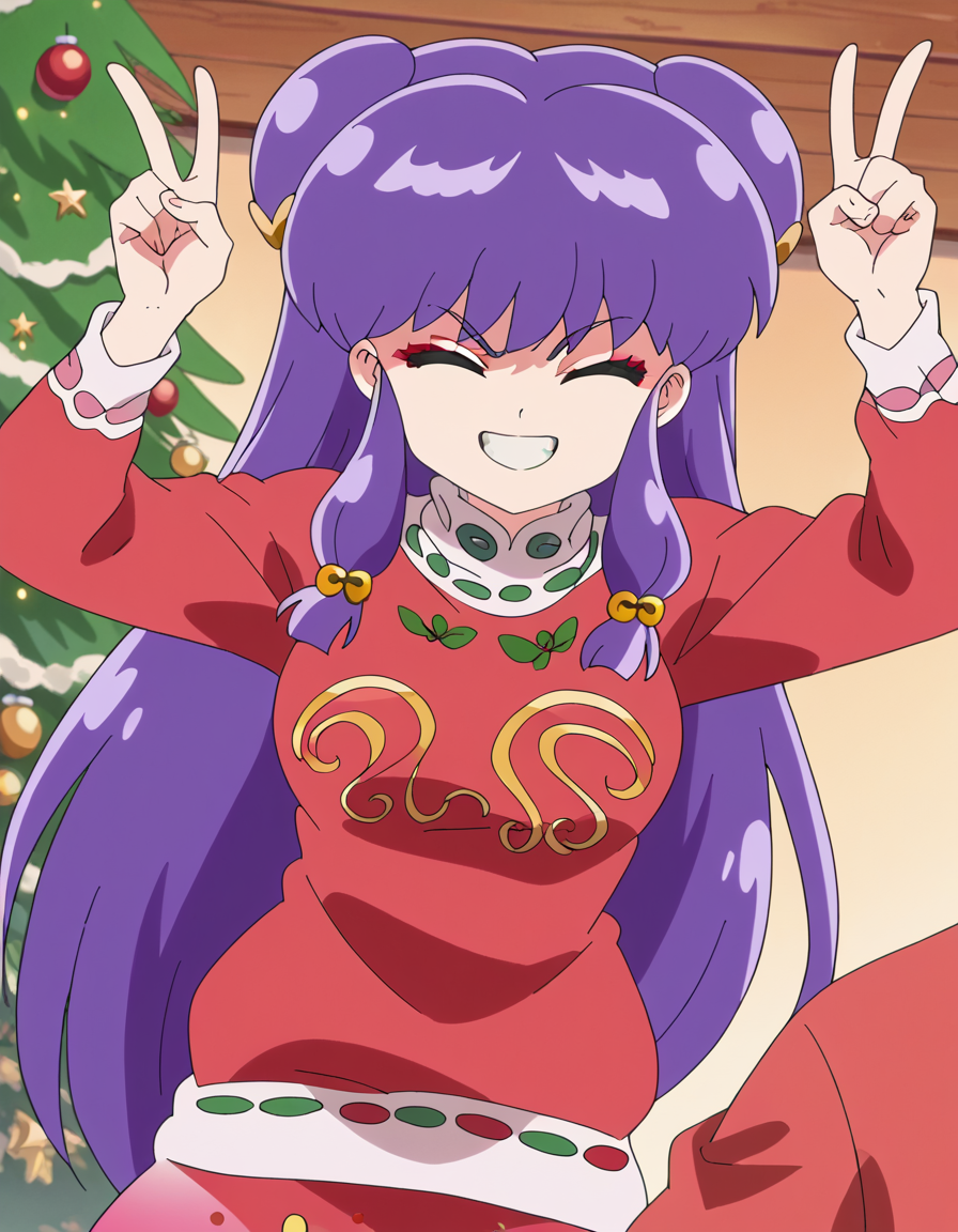 score_9, score_8_up, score_7_up, source_anime, <lora:shampoo-s1-ponyxl-lora-nochekaiser:1>, shampoo, shampoo (ranma 1/2), long hair, hair ornament, red eyes, purple hair, hair bun, double bun, medium breasts, anime screencap,, <lora:christmas-sweater-ponyxl-lora-nochekaiser:1>, christmas sweater, christmas, ugly sweater, print sweater, red sweater, christmas tree, christmas ornaments, sweater, multicolored sweater, , v, smile, hands up, teeth, closed eyes, cowboy shot,, , dutch angle, cowboy shot
