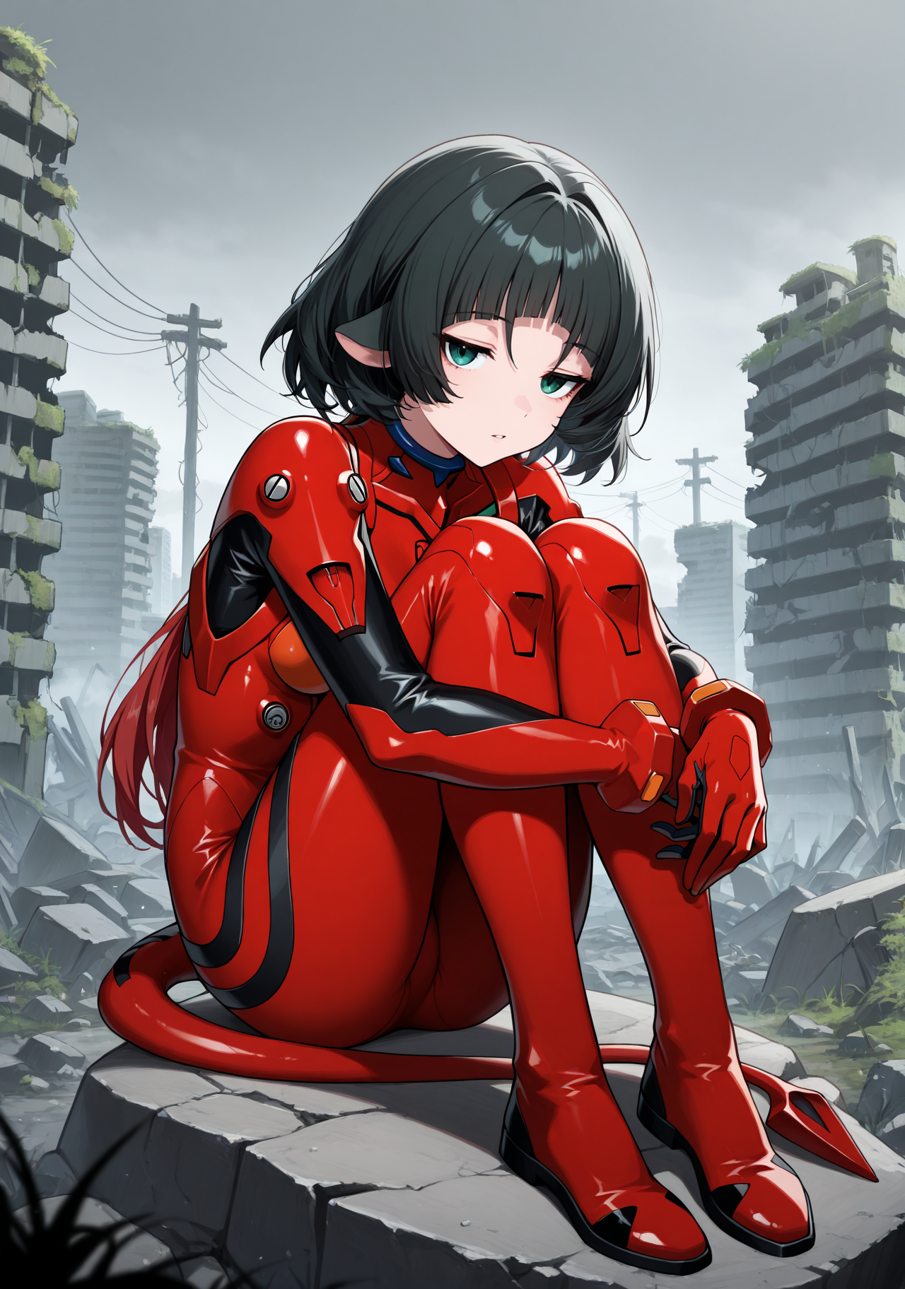 masterpiece, best quality, 1girl, solo, j4ne d0e, two-tone hair, black hair, red hair, blunt bangs, animal ears, plugsuit, interface headset, skin tight, pilot suit, ruins, (overgrown), (post-apocalypse), sitting, hugging own legs, knees up, knees to chest, own hands together, green eyes, tail, outdoors, grey sky, fog, rubble, power lines, rock, sitting on rock, looking at viewer, bored, jitome, parted lips