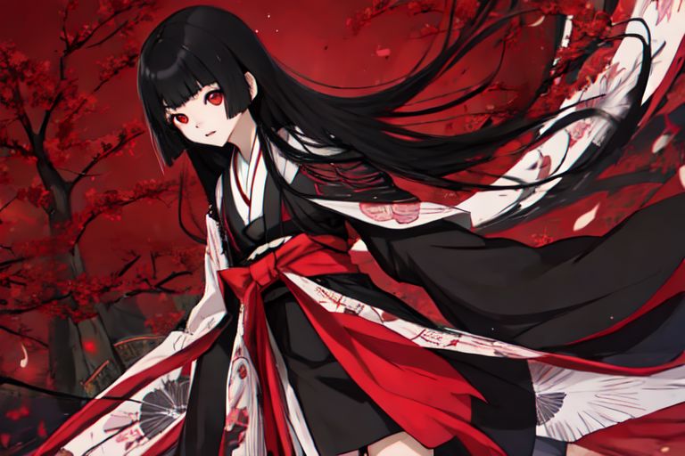 enma_ai, girl1, bangs, black hair, long hair, gothic kimono, night village japa