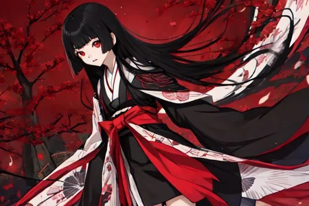 enma_ai, girl1, bangs, black hair, long hair, gothic kimono, night village japa