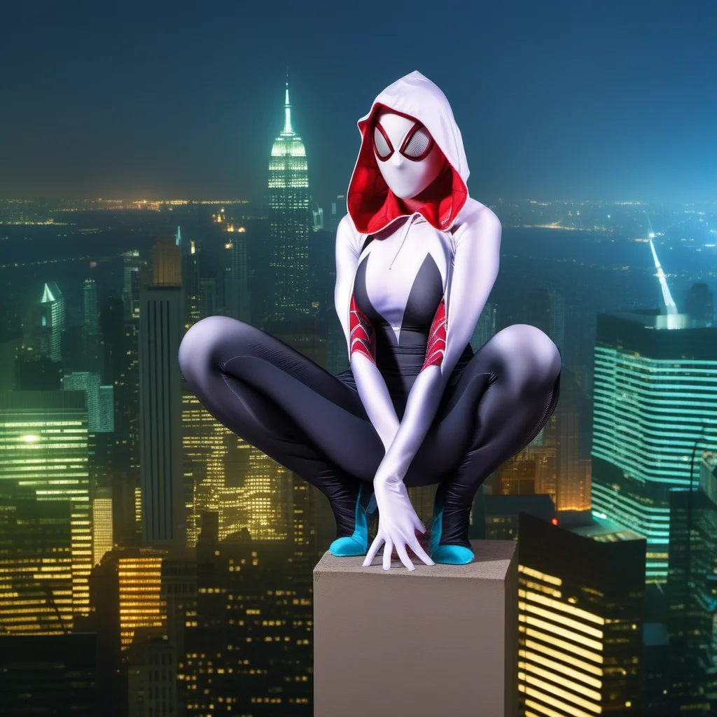 a full body woman, big breast, wears a hooded bodysuit, a spiderman mask lookalike, on top of a building, night, city lights background  <lora:SpiderGwen1024:0.9>