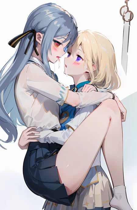 (drooling:1.2),(blush:1.3),(suspended congress:2),best quality,masterpiece,absurdres,2girls,yuri,from side,facing another,
looking at another,hug,bare legs,PIXIV,<lora:style-ç¾åè±å¼yuri Lora:0.5:lbw=0,0,0,0,0,0,1,1,0,0,0,0,0,0,0,0,0>,
ADDCOMM,
leg fold,thighs lift,
<lora:char-mygo_丰å·ç¥¥åtogawa_sakiko_bangdreamitsmygo:0.7:lbw=0,0,0,0,0,0,0,0,1,1,1,1,0,0,0,0,0>,togawa_sakiko_bangdreamitsmygo,人-mygo-mygo_丰å·ç¥¥åtogawa_sakiko_bangdreamitsmygo,embarrass,parted lips,shy,
yellow eyes,(black_ribbon:1.1),light blue hair,(ribbon:1.1),(hair_ribbon:1.1),long_hair,bangs,sidelocks,short socks,loafers,miniskirt,frilled shirt,flat chest,
ADDCOL,
standing,
<lora:char-mygoä¸è§åè¯ Misumi Uika (Bang dream! Ave Mujica):0.7:lbw=1,0,0,0,0,0,0,0,1,1,0,0,0,0,0,0,0>,
misumi uika,bright blonde hair,purple eyes,elder sister,
shorter hair,white shirt,dark yellow skirt,short sleeves,bare shoulders,flat chest,