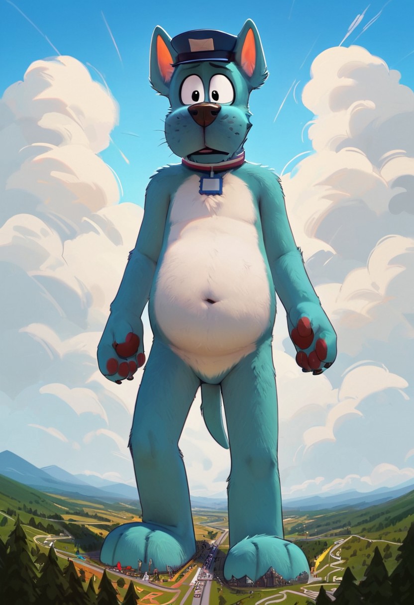 score_9, score_8_up, score_7_up, score_6_up, solo focus, 1male, larger body, (Gerald, Go Dog Go), blue post hat, (teal fur, white belly)), blue and white and red stripped collar, postal stamp shaped tag, hat with postal stamp, tail, ((anthro, anthro dog, dog body)), (black eyes), Perfect paws, 1male, (source_furry), full body, solo, anthro, detailed fur, slightly chubby, detailed eyes, low angle view, ((macro)), ((giantess)), outdoors, ((sunshine)), ((sunny day)), ((bright light)), in the city, (shrunken city :1.3), (shrunken cityscape:1.2), micro cityscape, full detailed city, destruction, mass destruction, full body, perfect face, focus on furry, shy face, (sexy perfect face), looking at viewer, sexy, highly detailed, Expressiveh, perfect eyes, big feet, landscape, orgasm face, blue sky, daytime