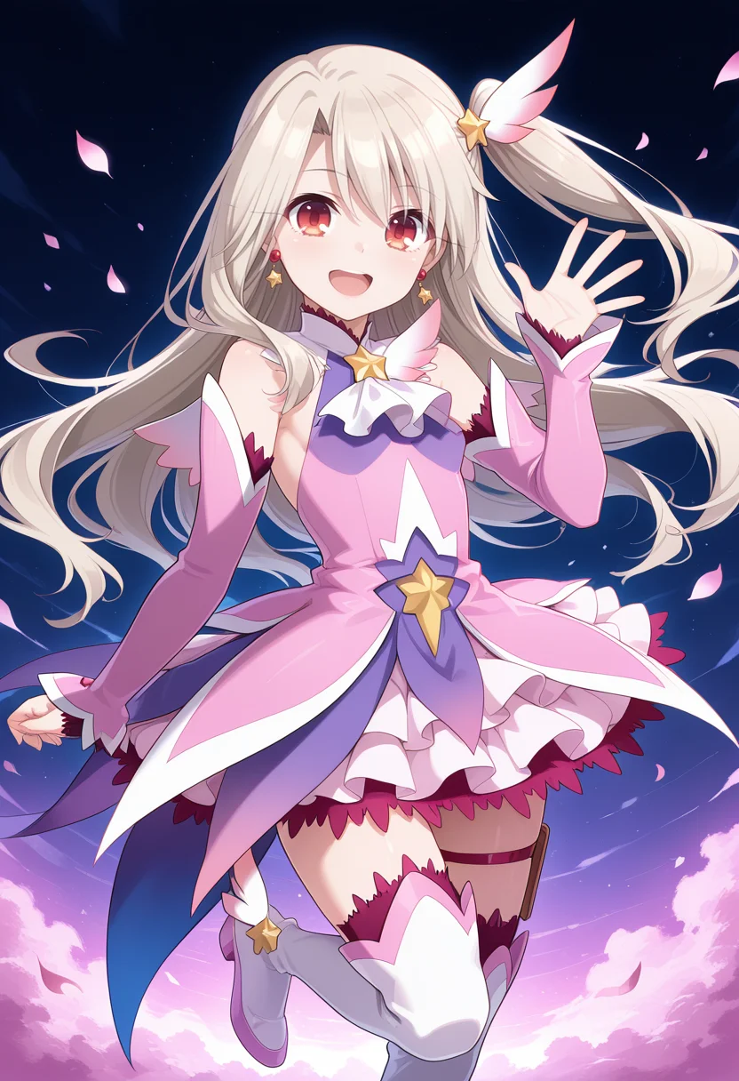 <lora:prisma_illya_zwei_form.v2:1>,illyasviel von einzbern,prisma illya,magical girl,hair ornament,red eyes,detached sleeves,star \(symbol\),earrings,jewelry,dress,one side up,skirt,pink sleeves,layered skirt,thighhighs,thigh boots,
standing on one leg,open mouth,smile,looking at viewer,hand up,high_heels,wind,falling petals,
masterpiece,best quality,amazing quality,