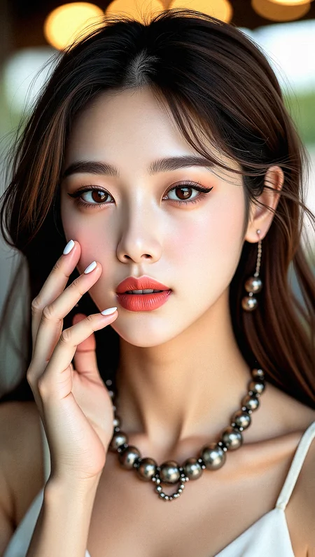 An upper body image of a beautiful korean woman, multicolored wavy hair, light brown eyes, and bold eyeliner. She has fake nails, and her lips are shiny and full. The extreme realism focuses on her detailed skin, showing fine textures and natural highlights.
The background is indoor plaza, background Couples dancing to street musicians in public squares,
Her outfit are Retro halter-neck sundress with intricate design.
Subtle skin pores and natural texture on the face and neck, Realistic light reflections on the surface of the eyes, Slightly raised veins visible under the skin on the neck, Subtle veins visible on the eyelids under certain lighting, Realistic reflection of light on the glossy lips, following their curvature, Soft reflections on the necklace, enhancing its metallic look, Soft shadows under the lower lip, enhancing depth and form, slight noise effect to add texture and realism to the image.a slight sheen of sweat or natural skin oil to areas like the forehead and nose.Apply subsurface scattering to the skin to simulate the way light penetrates and scatters within it, enhancing realism.
Classic head tilt with a smile, one hand lightly touching her cheek