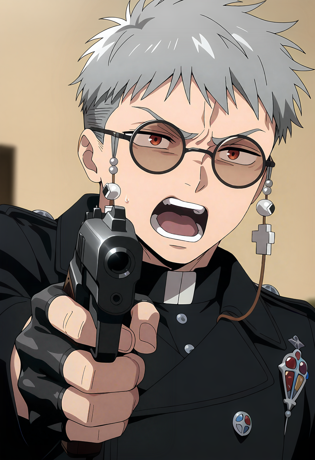 <lora:Fujimoto_Shiro_Blue_Exorcist__Ao_No_Exorcist__éã®ç¥é­å¸«_v2_NAI:1>,
anime screenshot,
fsh1r0,grey hair,red eyes,1boy,male focus,solo,round eyewear,glasses,fsh1r0_eyewear_strap,fsh1r0_brooch,fsh1r0_outfit, looking ahead,holding gun,handgun,aiming at viewer,foreshortening,open mouth,v-shaped eyebrows,shouting,blurry background,upper body,fingerless gloves, masterpiece,best quality,amazing quality,absurdres,highres