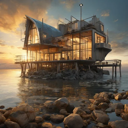 In this bizarre landscape, highly detailed . extremely high-resolution details, photographic, realism pushed to extreme, fine texture, one altered element can send the imposing, modern minimalism, elegant, dystopia, mysterious, godlike, houses on stilts, inhabited on many levels, earthship, pinterest, outdoors, water, sun, cloudy sky, sunset, ocean, boat, building
, very detailed, high resolution, sharp, sharp image, 4k, 8k,