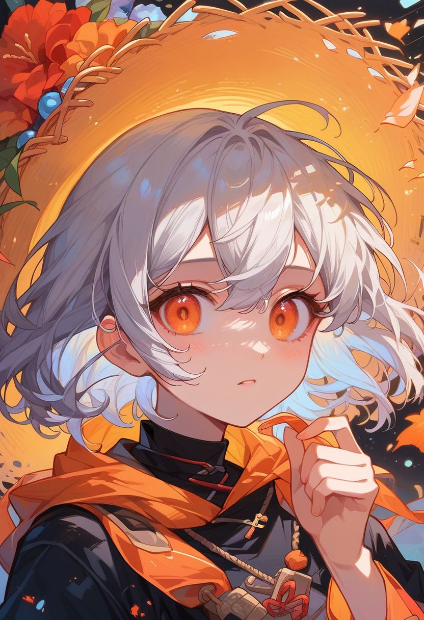 score_9, score_8_up, score_7_up, Expressiveh, ultra detailed, one cute girl, solo, gray hair, 2 strands of hair in front of face, prefect face, orange eyes, white orange and black kimono, straw hat, kazuha, forest,<lora:Expressive_H:0.8>, <lora:c0l0urc0r3XLP2:0.7>, <lora:StS_detail_slider_v1:2>