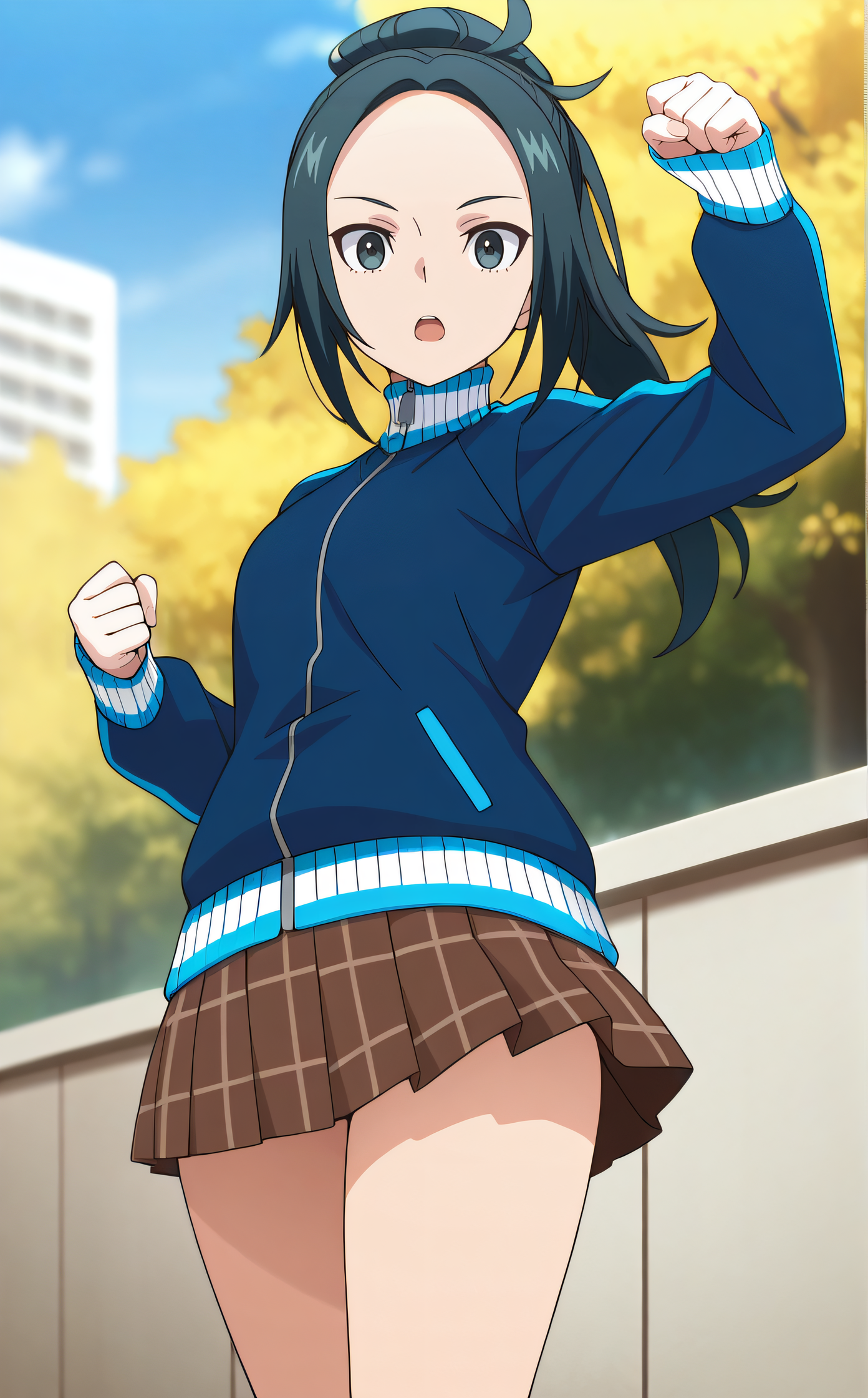 masterpiece, best quality, highres, newest, 1girl, solo, official style, anime screncap, <lora:Mizusawa_Aoi:1>, mizusawa, blue hair, blue jacket, brown plaid skirt, thighs, looking at viewer, outdoor, cowboy shot, fist up, open mouth, cowboy shot, five fingers
