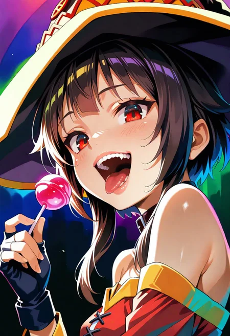 1girl, Megumin, bare shoulders, teeth, lips, thin lips, narrow mouth, solo, looking at viewer, open mouth, holding lollipop, chupa chups, upper body, from below, back lighting, dark, multicolored background, colorful, masterpiece, best quality, grin, greed on his face, his tongue sticking out, a little steam from the mouth