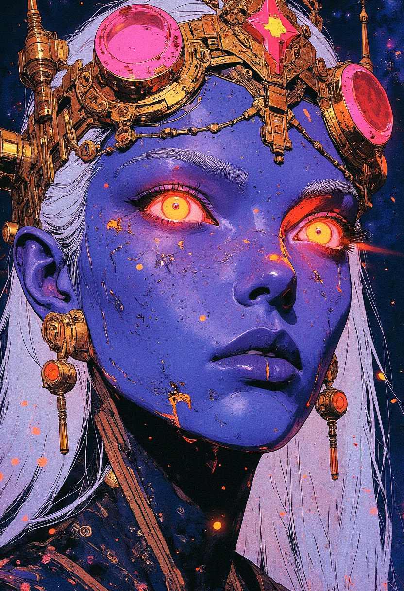 A detailed close-up of a woman's face, with pale blue skin and ethereal white hair. She has glowing, iridescent pink eyes that seem to shimmer with cosmic energy. Her skin is speckled with tiny, glowing particles that resemble stars. She wears an ornate golden crown adorned with large, glowing magenta gems and intricate golden details, each gem reflecting the glowing light from her eyes. Her lips are glossy and dark, a deep, shiny shade of blue, while her expression is calm and otherworldly.  The image is set against a deep starry night sky, with flecks of light mimicking distant stars, creating a cosmic and surreal atmosphere. The style is highly detailed, with a digital art feel, using a vibrant palette of purples, blues, and glowing pinks. Soft, dreamlike lighting enhances the mysterious and celestial mood of the image.  <lora:CPA:0.83> <lora:Luminous_Shadowscape-000016:0.63> <lora:RetroAnimeFluxV1:0.53> <lora:FLUX-daubrez-DB4RZ:0.33> DB4RZ, DB4RZ style painting,