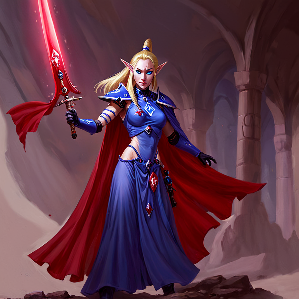 <lora:aeldari_xl_6:1>aeldari, asuryani, stadnart aeldari, aeldari's cape, aeldari's shoulder armor, 1girl, solo, long hair, blue eyes, blonde hair, gloves, dress, medium breasts, weapon, pointy ears, sword, cape, glowing, red dress, flag, glowing weapon