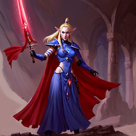 <lora:aeldari_xl_6:1>aeldari, asuryani, stadnart aeldari, aeldari's cape, aeldari's shoulder armor, 1girl, solo, long hair, blue eyes, blonde hair, gloves, dress, medium breasts, weapon, pointy ears, sword, cape, glowing, red dress, flag, glowing weapon