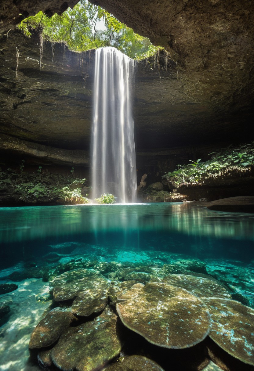 A hidden cenote in the heart of a lush jungle beckons with crystalline turquoise waters. Vibrant emerald vines cascade down weathered limestone walls, their tendrils barely kissing the water’s surface. Shafts of golden sunlight pierce through a natural skylight above, creating a mystical interplay of light and shadow on the cavern walls. Iridescent butterflies flit between exotic orchids clinging to rocky outcrops. A partially submerged Mayan ruin, its intricate carvings softened by time, stands as a silent sentinel at the water’s edge. Schools of tiny silver fish dart through the crystal-clear depths, their scales glinting like underwater stars. At the far end of the cenote, a small waterfall tumbles melodiously into the pool, its mist creating ephemeral rainbows in the dappled light.