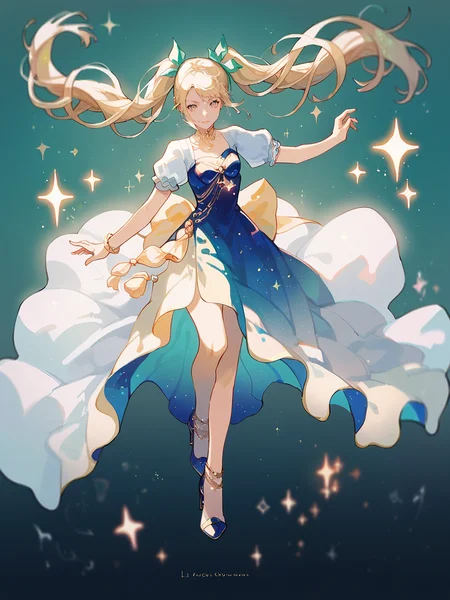 score_9, score_8_up, score_7_up, score_6_up,  <lora:l1fl4gXLP:1> l1fl4g, 1girl, twintails, floating hair, sparkle, dress, high heels,