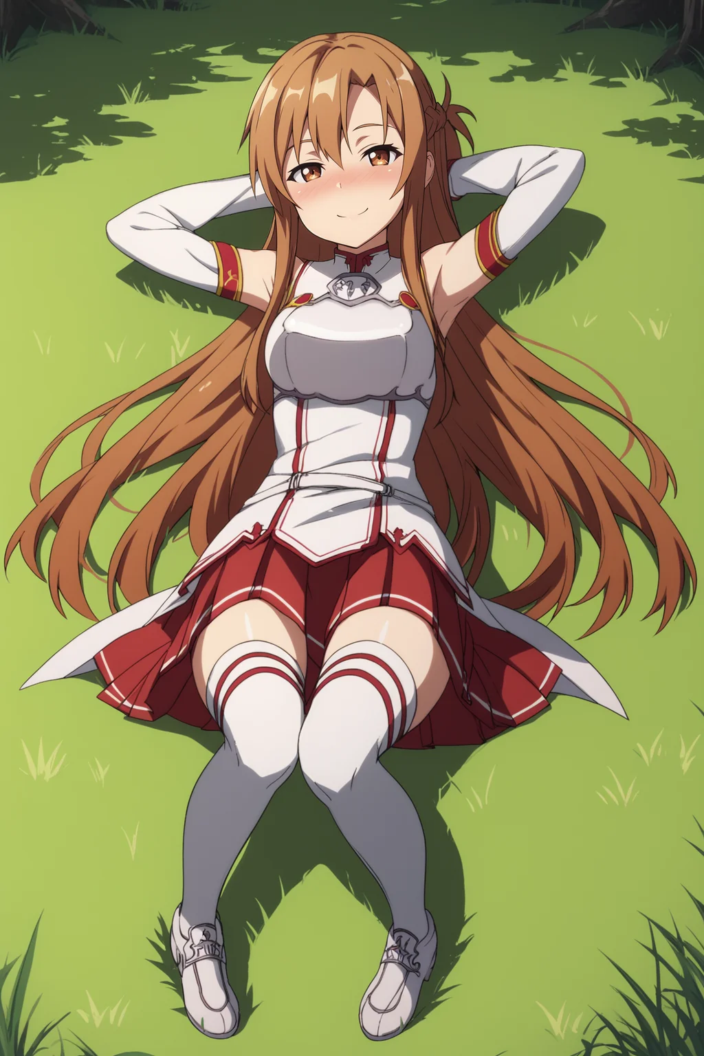 score_9, score_8_up, score_7_up, score_6_up, BREAK, AsunaSAOPXL, brown eyes, brown hair, long hair, bangs, french braid, medium breasts, white dress, breastplate, detached sleeves, white sleeves, red skirt, pleated skirt, white thighhighs, white shoes, solo, full body, (lying on grass), on back, arms behind head, seductive smile, looking at viewer, naughty face, nose blush, forest, tree <lora:AsunaSAOPXL:1>