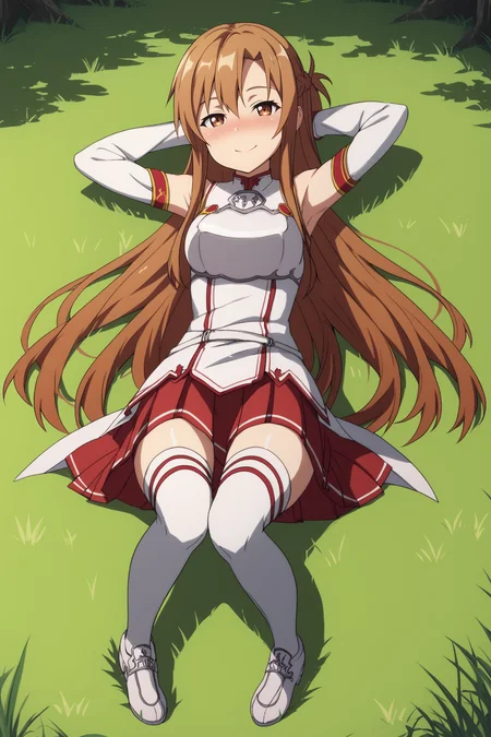 score_9, score_8_up, score_7_up, score_6_up, BREAK, AsunaSAOPXL, brown eyes, brown hair, long hair, bangs, french braid, medium breasts, white dress, breastplate, detached sleeves, white sleeves, red skirt, pleated skirt, white thighhighs, white shoes, solo, full body, (lying on grass), on back, arms behind head, seductive smile, looking at viewer, naughty face, nose blush, forest, tree <lora:AsunaSAOPXL:1>