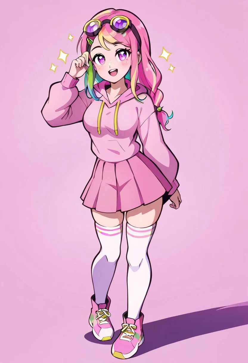 1 cute girl, short, cute, goggles on head, large framed glasses, pale skin, full body, happy, long smooth hair, very long hair, pastel pink hair, rainbow highlights, flowy hair, long hair, braid, hair ornament, hairclip, side braid, single braid, very long wavy hair, swept bangs, large round eyes, hip length hair, large round eyes, lavender eyes, smooth face, freckles, round face, very cute face, small facial features, a slim figure, medium breasts, round breasts,
knee high walking boots, rainbow sneakers, DROWID, shoulders, Pink hoodie, pink pleated skirt, thigh socks,
looking at viewer, curvaceous, cute, best angle, smooth hair, sparkling hair, glowing skin, freckled skin, beautiful, high definition CG, (absurdres), extreme light and shadow, (detailed eyes), (shine), lighting, great composition, blush, dynamic pose, dynamic angle, 8k, sharp, superb lining, masterpiece, detailed anatomy,