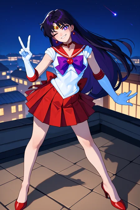 score_9, score_8_up, score_7_up, score_6_up, source_anime, 1girl, solo, <lora:sailormars-pdxl-nvwls-v1-000005:1> slrmars, black hair, long hair, purple eyes, circlet, earrings, choker, red sailor collar, white shirt, sleeveless, white leotard, purple bowtie, red skirt, pleated skirt, white gloves, elbow gloves, wink, smug, peace sign, full body, standing, red high heels, night, rooftop, looking at you, hand on hip