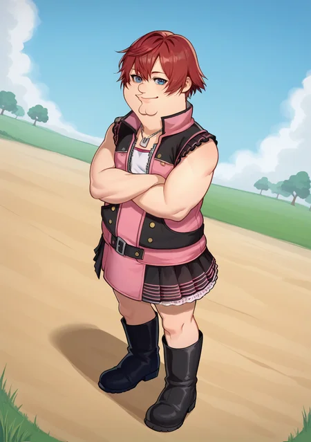 score_9, score_8_up, score_7_up, source_anime, rating_safe, , anime screencap,4k, HD, 8k, highres, BREAK, 1boy, solo,
<lora:Kairi:.8>, kairi, blue eyes, zipper, jewelry, boots, dress, necklace, short hair, red hair, pink dress, zipper pull tab, pleated dress, short dress,
<lora:PeterGriffin_iamkowai_PXL_Leaf1-10:1>, Peter Griffin, 1boy, fat,
dutch angle,
smile, crossed arms,
looking at viewer, standing,
cowboy western, wild west, dirt path, old west town,