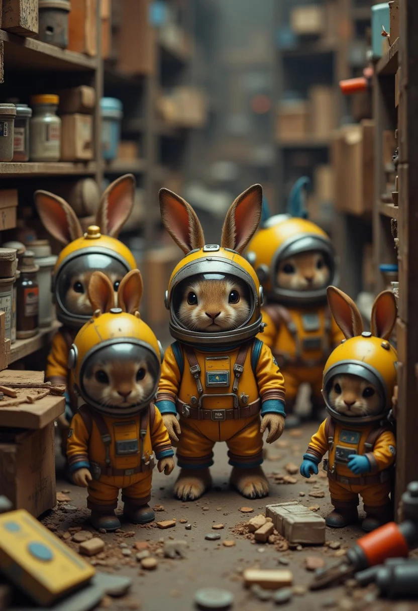 cinematic wide angle, a bunch of tiny micro space angry bunnies wearing yellow and blue space suit, with a round helmet with metalic rabbit ears, exploring an old attic full of memories, old toys, funny, playful , raw, analog, detailed attic background blankmj l10nhe43t