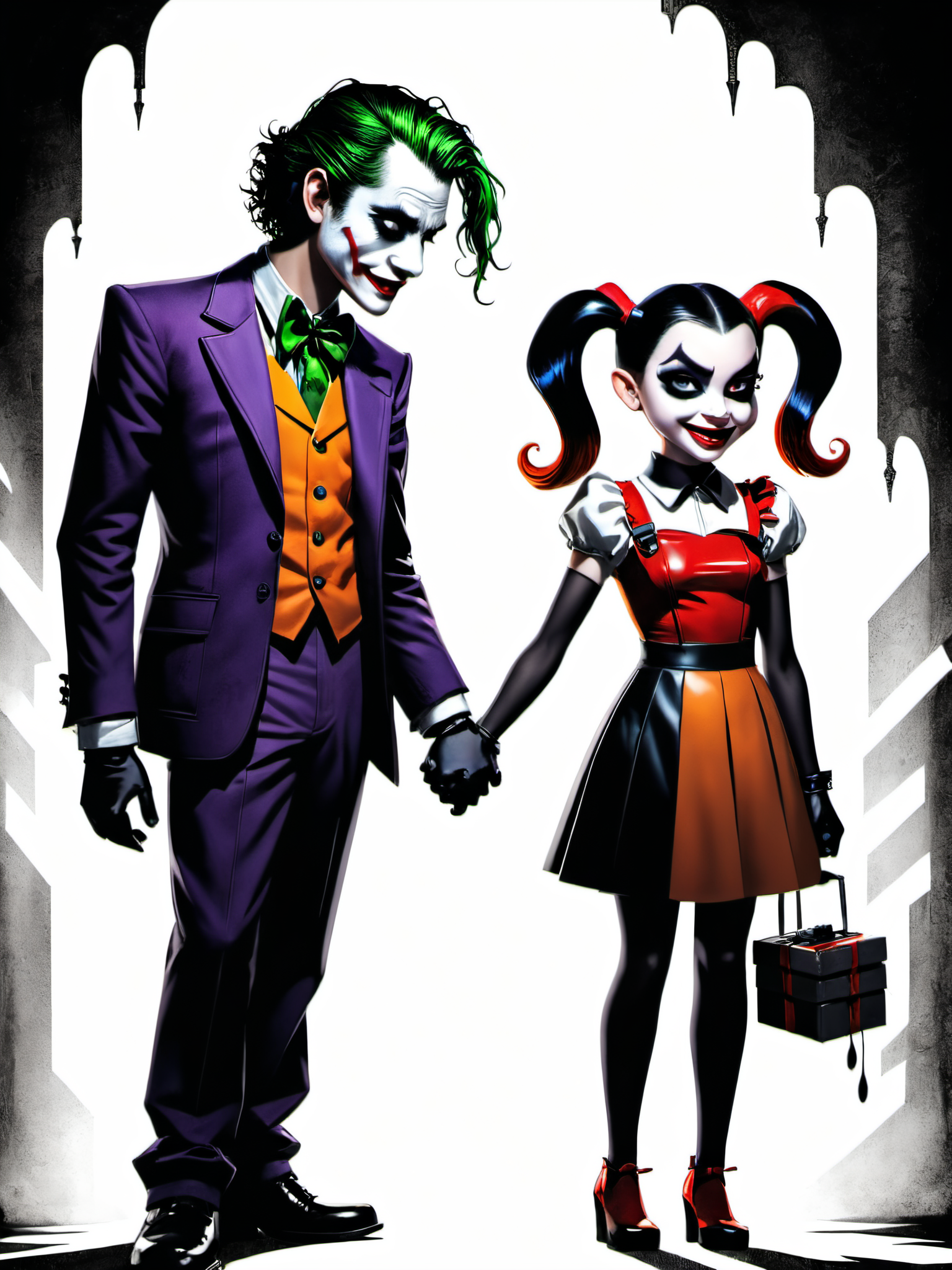 bold artwork,creative use of shadows and textures to create an image using negative space,masterful use of limited colors to create an image of bold contrasts,inventive and whimsical use of camera angles to give new perspective to illustration,"the joker and harley quinn holding hands",1boy,1girl, Ultra-HD-details, glow effects, godrays, Hand drawn, render, 8k, octane render, cinema 4d, blender, dark, atmospheric 8k ultra detailed, cinematic, Sharp focus, big depth of field, Masterpiece, 3d octane render, 8k, concept art, trending on artstation, hyperrealistic, extremely detailed CG unity 8k wallpaper, trending on CGSociety, Intricate, High Detail, dramatic