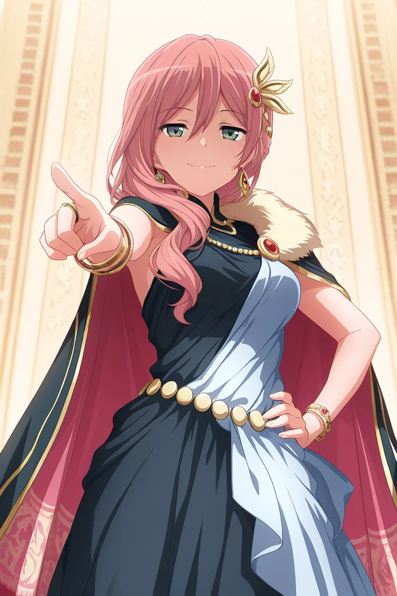 masterpiece, best quality, amazing quality,
<lora:Yachiyo_IL:1> yachiyo, 1girl, pink hair, solo, smile, long hair, jewelry, hair ornament, bracelet, pointing, hair over shoulder, hand on hip, dress, green eyes, cape, hair between eyes