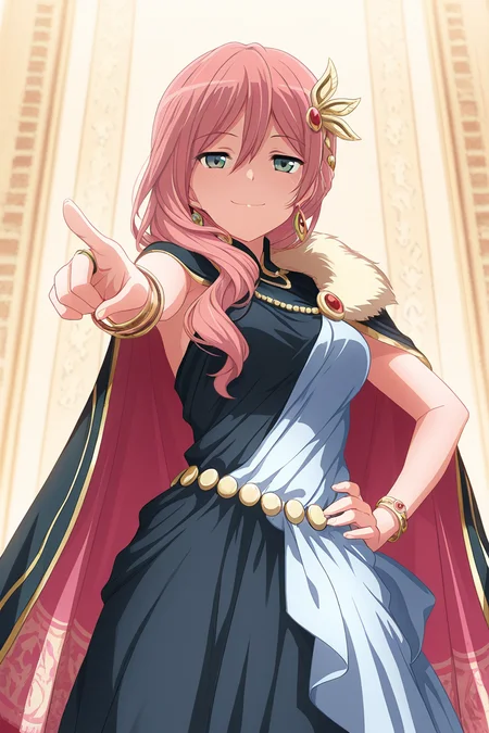 masterpiece, best quality, amazing quality,
<lora:Yachiyo_IL:1> yachiyo, 1girl, pink hair, solo, smile, long hair, jewelry, hair ornament, bracelet, pointing, hair over shoulder, hand on hip, dress, green eyes, cape, hair between eyes