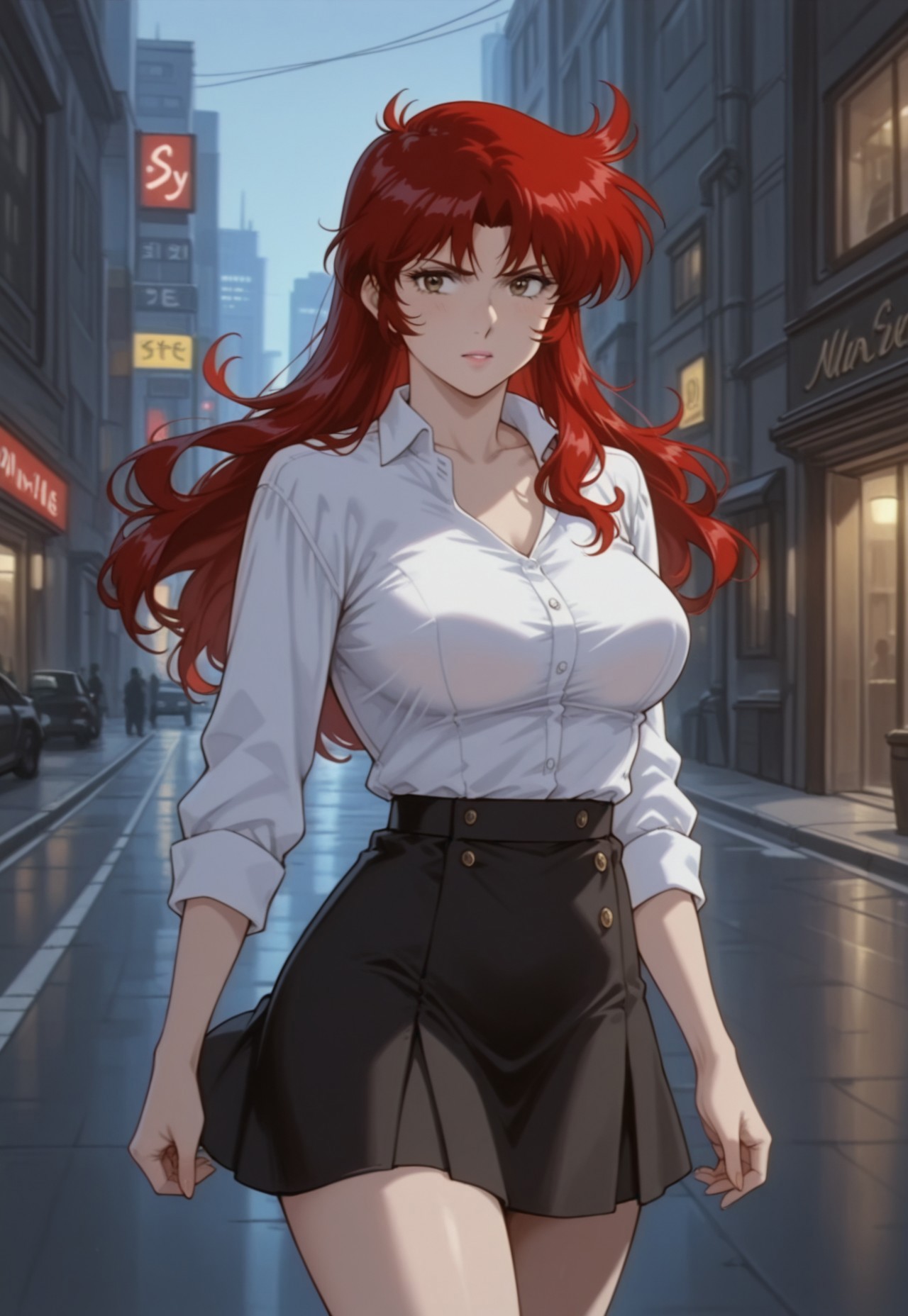 masterpiece, best quality, realistic, 1girl, solo, spyanne, long hair, red hair, breasts, collared shirt, skirt, city street,