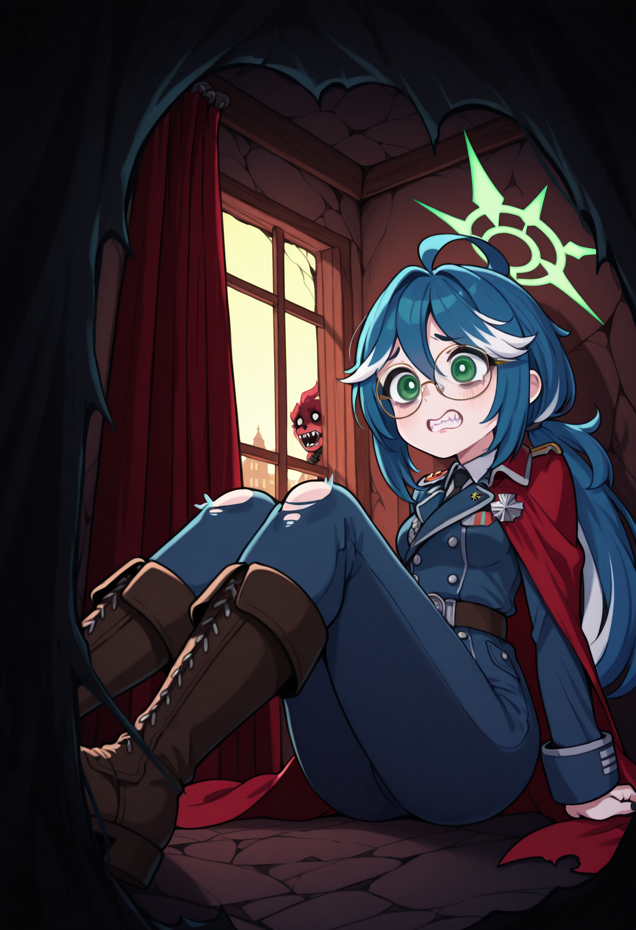 1girl,  embedding:waifus\HDA_ElenaXL.safetensors , green eyes, tired eyes, bright pupils, glasses, two-tone white hair, teal dyed tips, green halo, long black nails, sharp teeth,  embedding:waifus\HDA_MilitaryUniformXL.safetensors , (torn:1.2) navy-blue uniform, red fur-trimmed cape, dynamic pose, (scared, hiding:1.2), clenched teeth, sitting, knees up, leaning against wall <break>
 world war i, Europe, zombie apocalypse, walking dead, inside mausoleum, destroyed walls, cracks, large window, worn curtains, black silhouettes, darkness, shadows, evil, dramatic backlighting, cinematic composition, colorful, vibrant, from side, (close-up, low angle view:1.2), solo focus, masterpiece, best quality, absurdres, aesthetic
 embedding:hda\HDA_MasterpieceXLclassic.safetensors