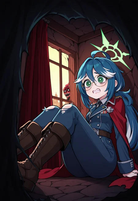 1girl,  embedding:waifus\HDA_ElenaXL.safetensors , green eyes, tired eyes, bright pupils, glasses, two-tone white hair, teal dyed tips, green halo, long black nails, sharp teeth,  embedding:waifus\HDA_MilitaryUniformXL.safetensors , (torn:1.2) navy-blue uniform, red fur-trimmed cape, dynamic pose, (scared, hiding:1.2), clenched teeth, sitting, knees up, leaning against wall <break>
 world war i, Europe, zombie apocalypse, walking dead, inside mausoleum, destroyed walls, cracks, large window, worn curtains, black silhouettes, darkness, shadows, evil, dramatic backlighting, cinematic composition, colorful, vibrant, from side, (close-up, low angle view:1.2), solo focus, masterpiece, best quality, absurdres, aesthetic
 embedding:hda\HDA_MasterpieceXLclassic.safetensors