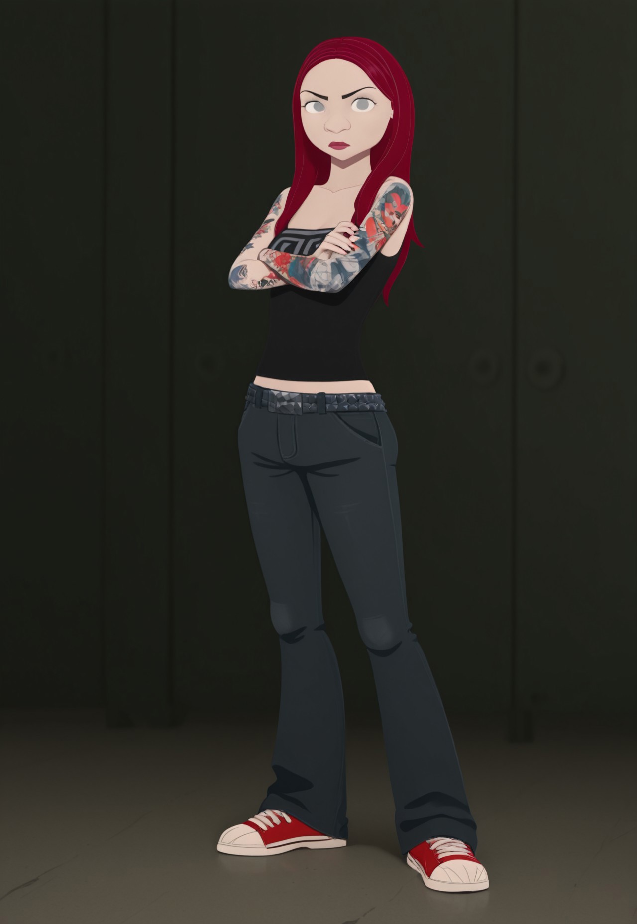 Gretchenw,1girl, red hair, grey eyes, long hair, tank top,jeans,belt, arm tattoo,sneakers,full body, crossed arms, looking at viewer 