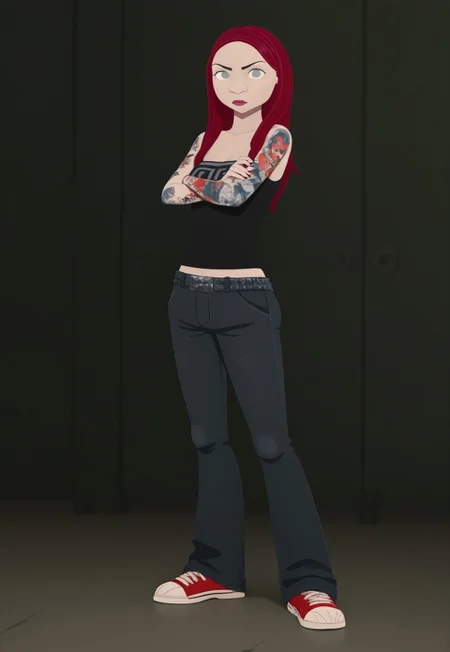 Gretchenw,1girl, red hair, grey eyes, long hair, tank top,jeans,belt, arm tattoo,sneakers,full body, crossed arms, looking at viewer