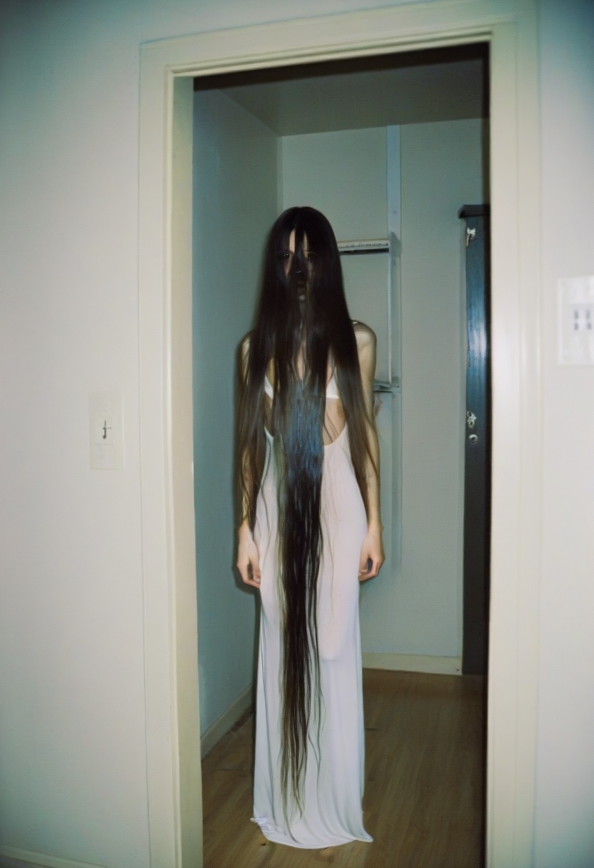 <lora:ModernFable:0.65> woman, extremely long hair, backrooms, white slip dress, eery, film grain, surreal,