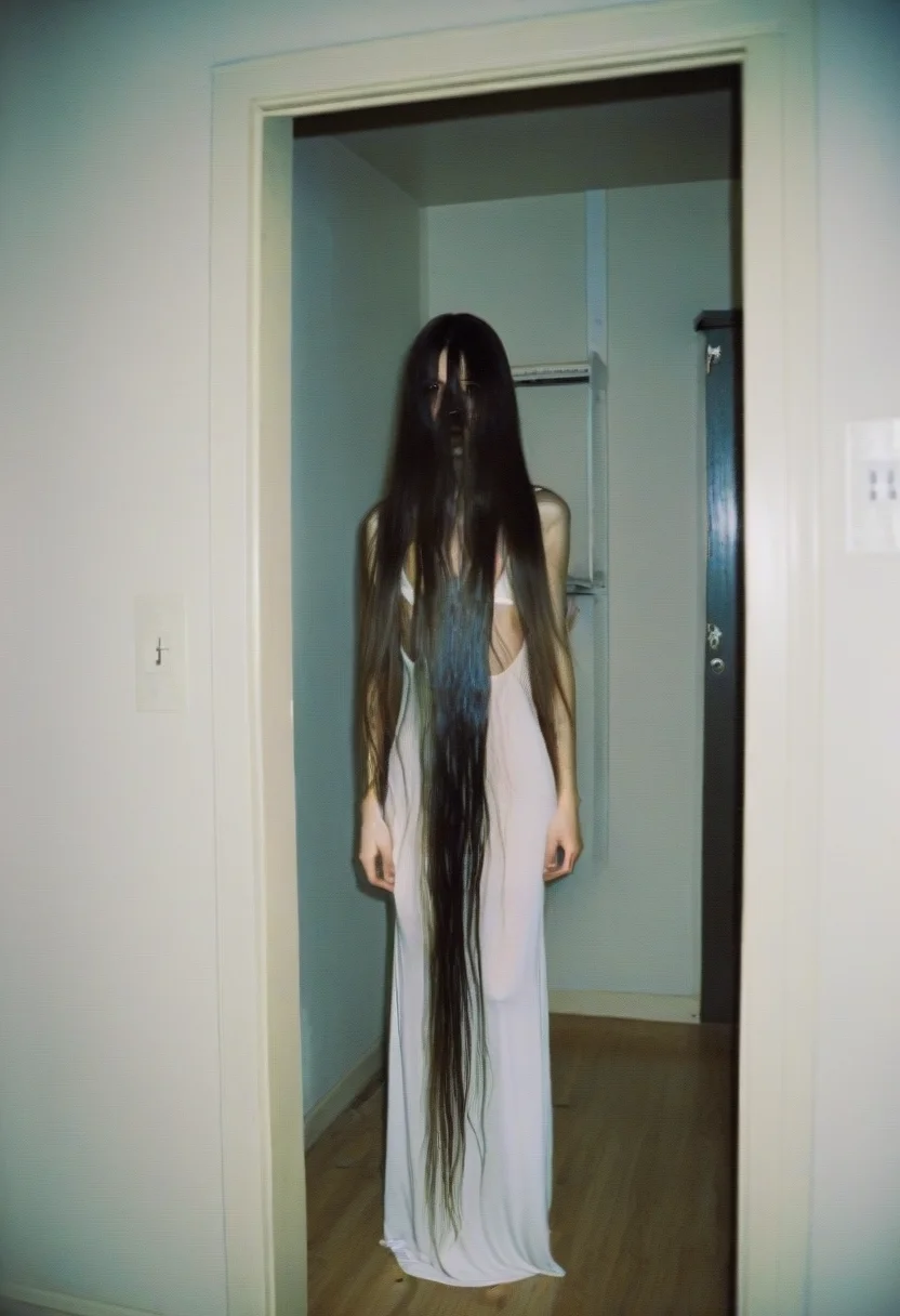 <lora:ModernFable:0.65> woman, extremely long hair, backrooms, white slip dress, eery, film grain, surreal,