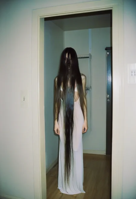 <lora:ModernFable:0.65> woman, extremely long hair, backrooms, white slip dress, eery, film grain, surreal,