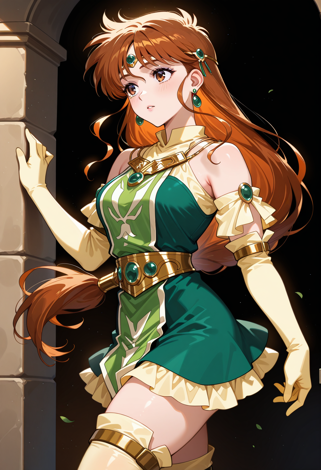 masterpiece, best quality, very aesthetic, absurdres, 1girl, solo,
<lora:srw_monica_v01:0.9>, srw_monica, brown hair, long hair, low-tied long hair, brown eyes,
circlet, earrings, jewelry, necklace, green dress, detached sleeves, yellow gloves, belt, thighhighs, posing