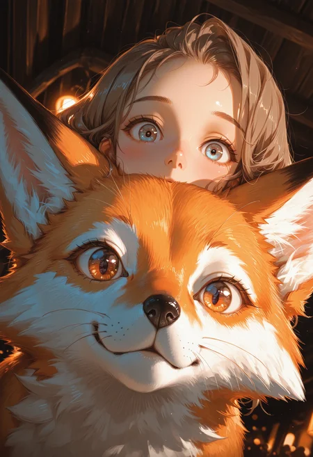 1girl, human, fox, fluffy, duo,
close-up, low angle, dutch angle, heads stack, looking at viewer,
large eyes, light blue eyes, eye reflection, wavy brown hair, forehead, eyebrows, peach skin, pink cheeks, pink nose,
orange and white fur, brown eyes, black nose, whiskers,
soft lighting, gentle light, warm lighting,
kind atmosphere, warm atmosphere, curious atmosphere,
innocence, gentle expression, curious expression,
masterpiece,best quality,amazing quality,
<lora:GBF_Illustrious:0.5>, <lora:MoriiMee_Gothic_Niji_Style_Illustrious_r1:0.5>, <lora:Smooth Booster:0.5>, <lora:USNR STYLE_XL_loha:0.5>