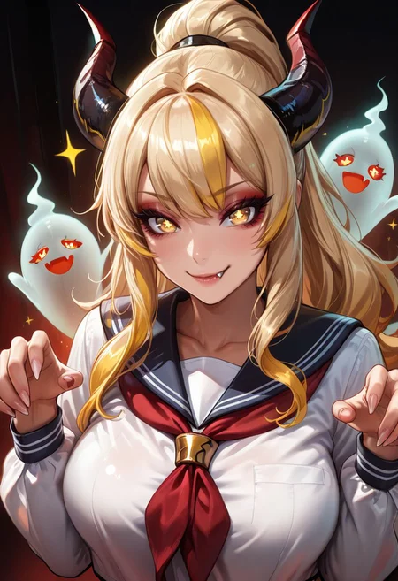 masterpiece, best quality, amazing quality, intricate detail, highly detailed, absurdres,, 1girl, mature, long hair, looking at viewer, smile, blonde hair, school uniform, white shirt, upper body, yellow eyes, ponytail, multicolored hair, horns, fang, sailor collar, streaked hair, long fingernails, hands up, symbol-shaped pupils, star-shaped pupils, long eyelashes, demon horns, portrait, red neckerchief, eyeshadow, ghost pose, fang out, dynamic angle, <lora:SmoothStyle_Omega:1>