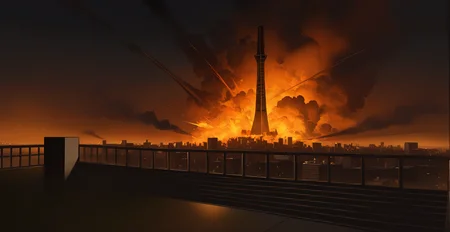 perfect quality,high quality,masterpiece,best quality,amazing quality,very aesthetic,absurdres,newest,
scenery, fire, building, smoke, burning, outdoors, city, night, explosion, sky, stairs, cityscape, tower, skyscraper,,no humans,
<lora:lora-000010.by_tusi:1>,art3112,<lora:spo_sdxl_10ep_4k-data_lora_webui:0.6>,