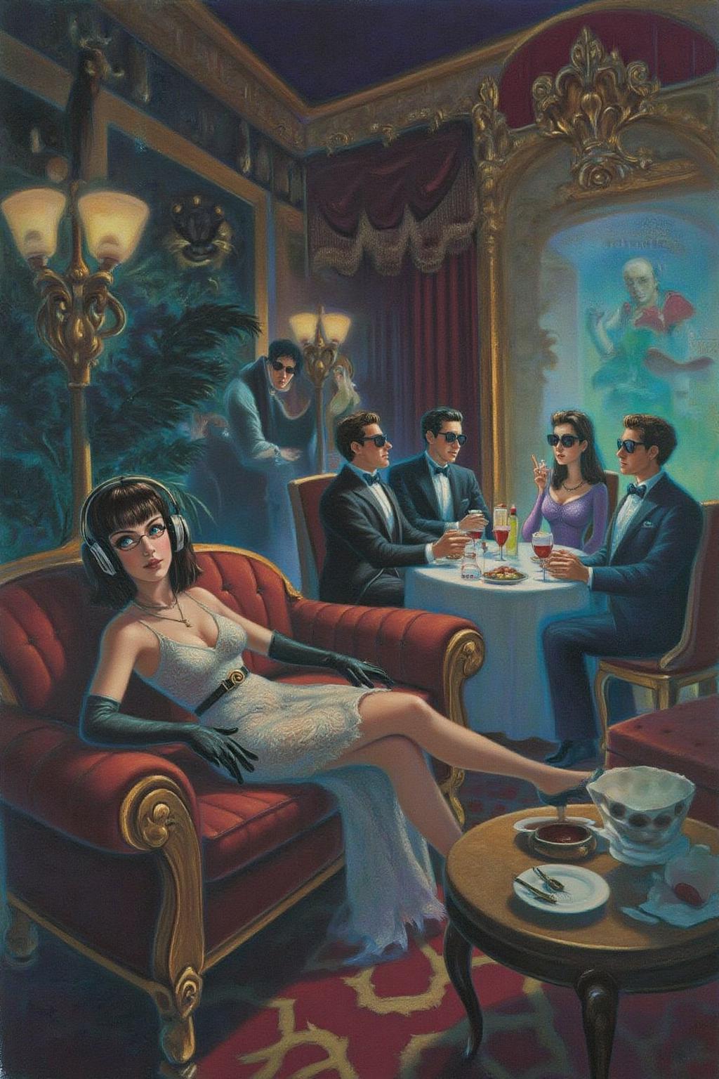 magr1 illlustration.
A luxurious, dimly lit lounge set in 1970s Italy, exuding vintage charm and opulence. A stylish young woman in a lace dress, wearing oversized headphones, lounges on a plush velvet couch with an air of cool detachment. She dons sleek black gloves, embodying the effortless glamour of the era. In the background, a group of fashionable, well-dressed people in tailored suits and cocktail dresses sit around a table, enjoying drinks and conversation, all wearing sunglasses. The room is adorned with ornate gold decor, rich velvet textures, and the warm glow of dim lighting, evoking the chic sophistication of Italy's high society in the 1970s. <lora:magr1_cap_d6a3e12:1.0><lora:828070257592697669:0>