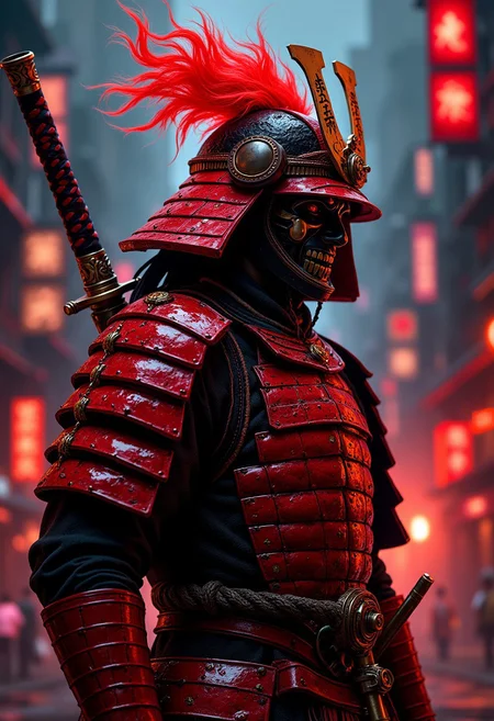 samurai, red armor details, fiery katana, toxic red hair, toxic red color in the entire composition associated with the samurai, everything else is gloomy and inversion in color, the background is a city in inversion color, night, dark atmosphere,