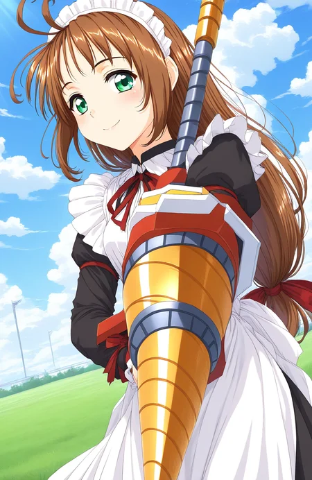 general,highres, game cg, ultra-detailed,very aesthetic,best quality ,best hands, BREAK <lora:Spiral_Nami_IS:1>drii_nami, solo, brown hair, green eyes, drill, polearm, maid apron, maid headdress, weapon, ahoge, ribbon, maid, long hair, low-tied long hair,
smile,looking at viewer, cowboy_Shot,
day, grass, sky,