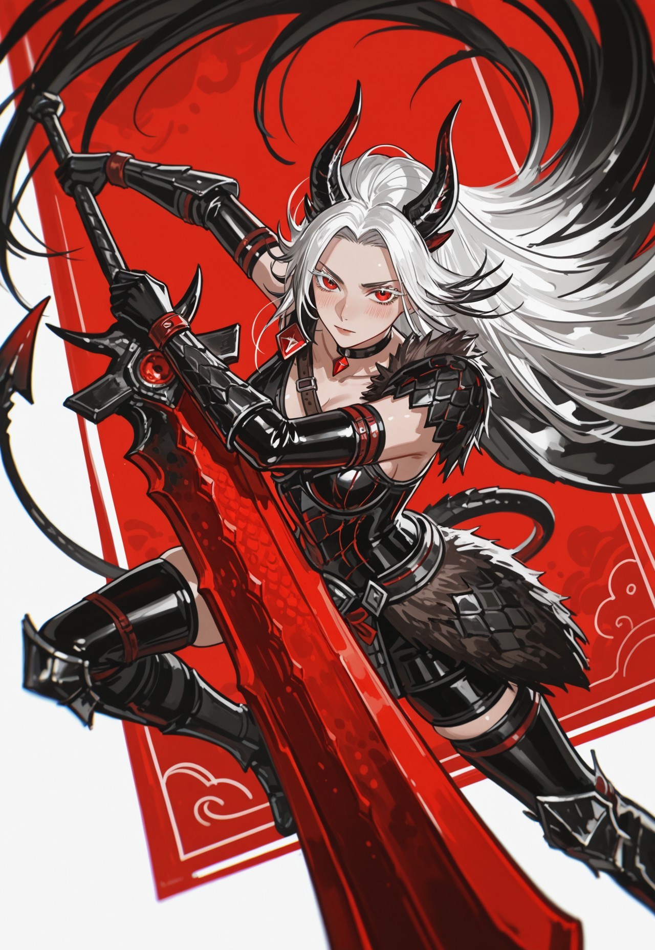 (mento:1.4), thick lineart, thick outline, highlight, painterly, muted_color, limited_palette, shadow, (chromatic aberration:1.7), (monster hunter \(series\)), 
BREAK,
1girl, solo, elegant, (dynamic pose:1.6), (foreshortening:1.3), looking at viewer, blushing, oversized greatsword, 
BREAK,
asymmetrical clothes, scale_armor, black armor, black scales, vambrace, knee guards, pelt, cape, latex elbow gloves, choker,  wrist_straps, skindentation, ornaments, 
BREAK, 
(aged up:1.3), absurdly long hair, two-tone hair white hair, black hair, white long eyelash, forehead, red eyes, horns, demon_tail,
BREAK,
red theme, analogous colors, white background, abstract background, color contrast, blurry foreground
BREAK, 
lazypos, masterpiece, very aesthetic, best quality, incredibly_absurdres, absurdres, highres,