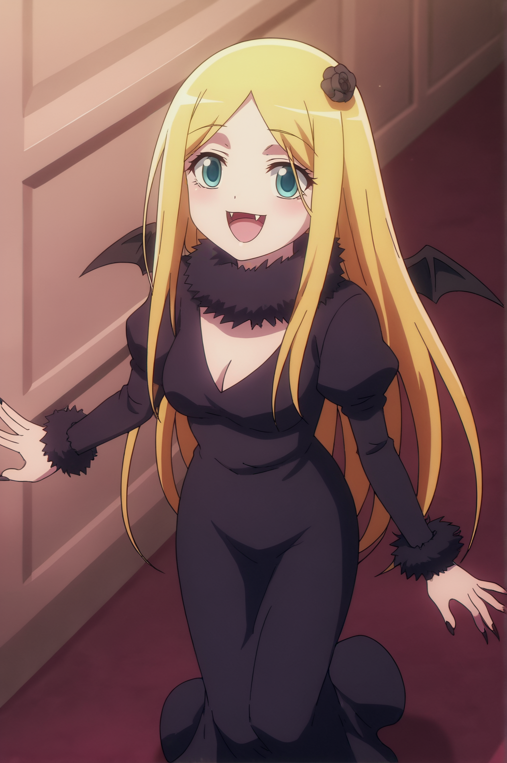 score_9, score_8_up, score_7_up,anime_source, source_anime, best background, detailed background, anime screencap,  Dark Renner, fur collar, fur trim, fangs, cleavage, black dress, long sleeves, solo, bat wings, high heels, dynamic angle, happy, indoors, corridor, hands on hips, <lora:JN_Dark_Princess_Renner:0.8>