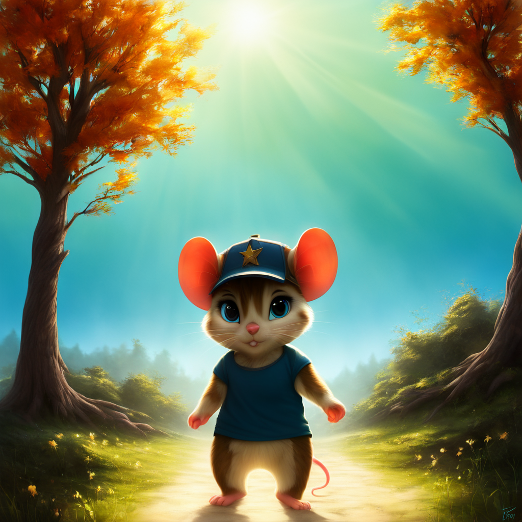 <lora:CubFurry_v1:1>,furry,solo,looking at viewer,cub,puppy,full body,mouse,pant,hat,tshirt,foreground,, furry,((top-notch quality)), ((masterwork)), ((true-to-life)), anthro, standing tall, looking forward, detailed fur, vibrant colors, soft sunlight filtering through trees, cinematic atmosphere, subtle fog, dynamic lighting, fantasy art, ultra-high-definition, 8K resolution, at eye level, picturesque, masterworkâââ
