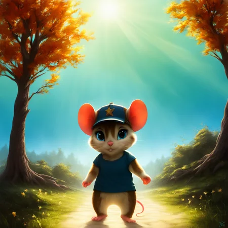 <lora:CubFurry_v1:1>,furry,solo,looking at viewer,cub,puppy,full body,mouse,pant,hat,tshirt,foreground,, furry,((top-notch quality)), ((masterwork)), ((true-to-life)), anthro, standing tall, looking forward, detailed fur, vibrant colors, soft sunlight filtering through trees, cinematic atmosphere, subtle fog, dynamic lighting, fantasy art, ultra-high-definition, 8K resolution, at eye level, picturesque, masterworkâââ