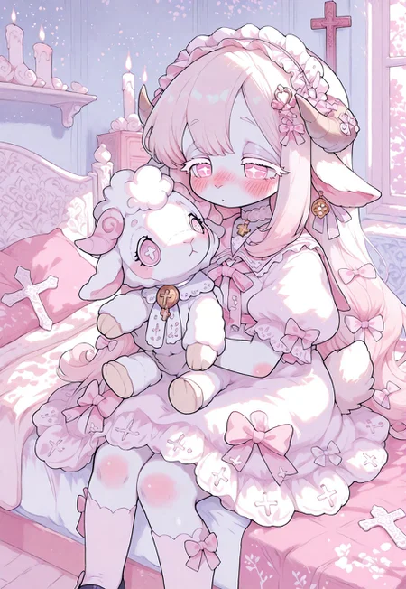 (cutecore, kawaiicore) 1girl, pale skin, porcelain white skin, sheep girl, white floppy lamb ears, white sheep tail, long hair, flowy hair, tousled hair, parted bangs, wavy sidelocks, warm white hair, big eyes, narrowed eyes, pink eyes, cross shaped pupils, white colored eyelashes, blush, full face blush, dot mouth, forehead tattoo, red bloody cross forehead tattoo, holding stuffed animal, white lamb stuffed animal, (holding white lamb stuffed animal), (fashion, bloodstained clothes), white collared puffy dress, white frilled sailor collar, (white lining on frilled sailor collar), white oversized puffy short sleeves, ribbon-trimmed sleeves, pastel pink ribbon trim, (pastel pink bows attached to white sleeves), buttons, gold small cross-shaped buttons, bows, multiple bows, too many bows, frilled bows, light pink bows, white bows, hair ribbons, white frilled headband, cross hair ornament, gilded dainty jewelry, gold cross earrings, white lace choker, pastel pink neck ribbon, crucifix, gold crucifix pendant, white kneehighs, black mary janes shoes, chunky soles, (detailed scenery, detailed background : 1.1), (morute, pastel color palette), indoors, white girly bedroom, sitting on a white chair, in front of a cozy bed, near porcelain white vanity covered in religious statues and candles, white and pale pink theme, frilled pillows, girly stuffed toys, stuffed sheep, bed, blood-stained sheets, blankets, bookshelves, nightstand, crosses, crucifixes, porcelain dolls, candles, blood)
