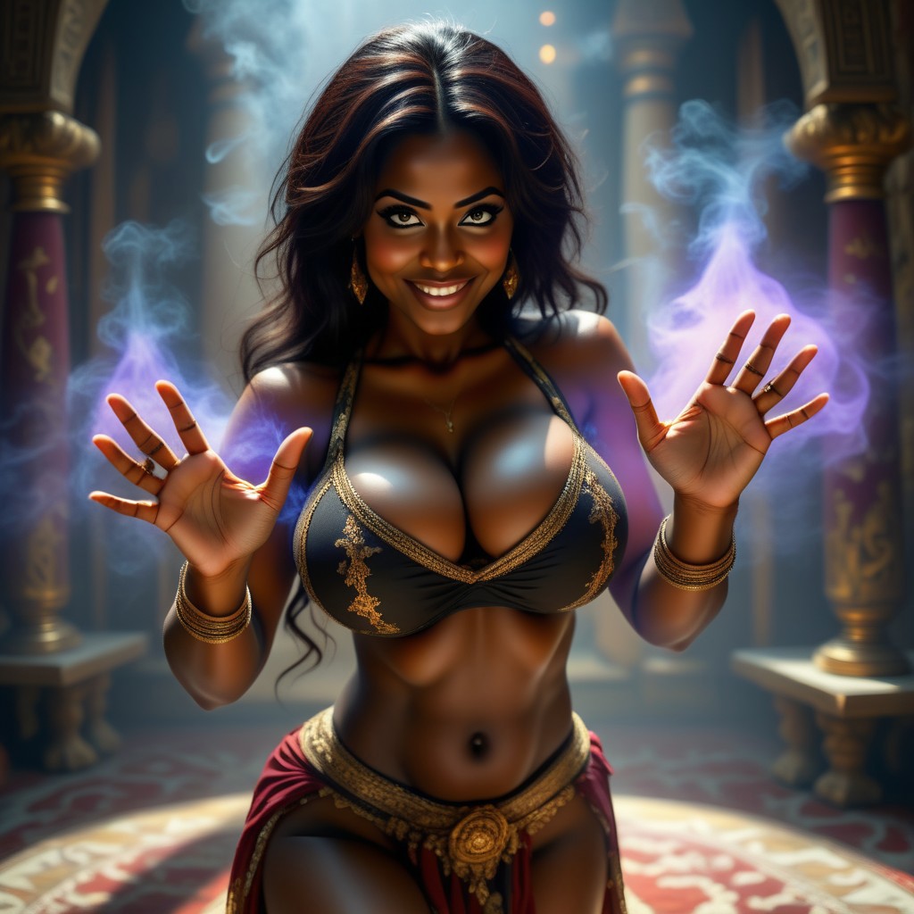 Elegant dark black and gold trimmed bikini++++. A smiling+++, busty+++ ebony bimbo woman magical genie. A busty ebony djinni bursts forth from a shiny gold mirrored Aladdin's lamp, djinni lamp, sitting on an antique wood table. She is a genie deity, with huge magically enhanced breasts+++ emerging from a cloud of magic smoke and aura, Looking Directly At The Viewer, Centered, Making Eye Contact, Looking Straight Ahead, Looking Forward, Striking A Dynamic Pose, Glow Effects, God Rays, Smoke Effects, wearing a sexy+++ skimpy+++ harem style belly dancer Egyptian slave bikini++++, 3d Octane Render, Cinema 4d, Blender, Dark, Atmospheric, Ultra Detailed, Sharp Focus, Big Depth Of Field, Masterpiece, Concept Art, Trending On Artstation, CG Unity, Trending On CGSociety, Dramatic, Professional Photo, 4k Wallpaper, Hyper Realistic, Vivid Colors, Extremely Detailed, 8k Wallpaper, Intricate, High Detail, Dramatic Lighting, High Contrast, Shadows, Highlights, Golden Hour, Backlighting, Sunbeams, God Rays <Lora:zz_s_Fluxartis:0.5> A Highly Detailed Cinematic Photography <Lora:zz_s_Stylish_Lighting:0.5>,