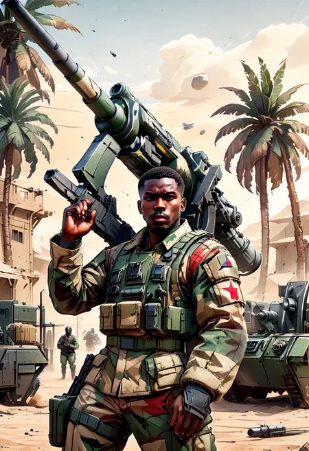 ((((outside))), day, (graphic novel style, dark novel style, 2d:1.5),(anime), (masterpiece:1.4), (colourful, soft cinematic light:1.1), incredibly lifelike, Extremely high-resolution details, 8k, best quality,extremely detailed, contrast, colorful,
shooting, ((aiming)), ((action pose)),
portable anti-aircraft missile system,  African soldier in military uniform holds a portable anti-aircraft missile system
palm trees,
courtyard inside the palace, sand, desert,